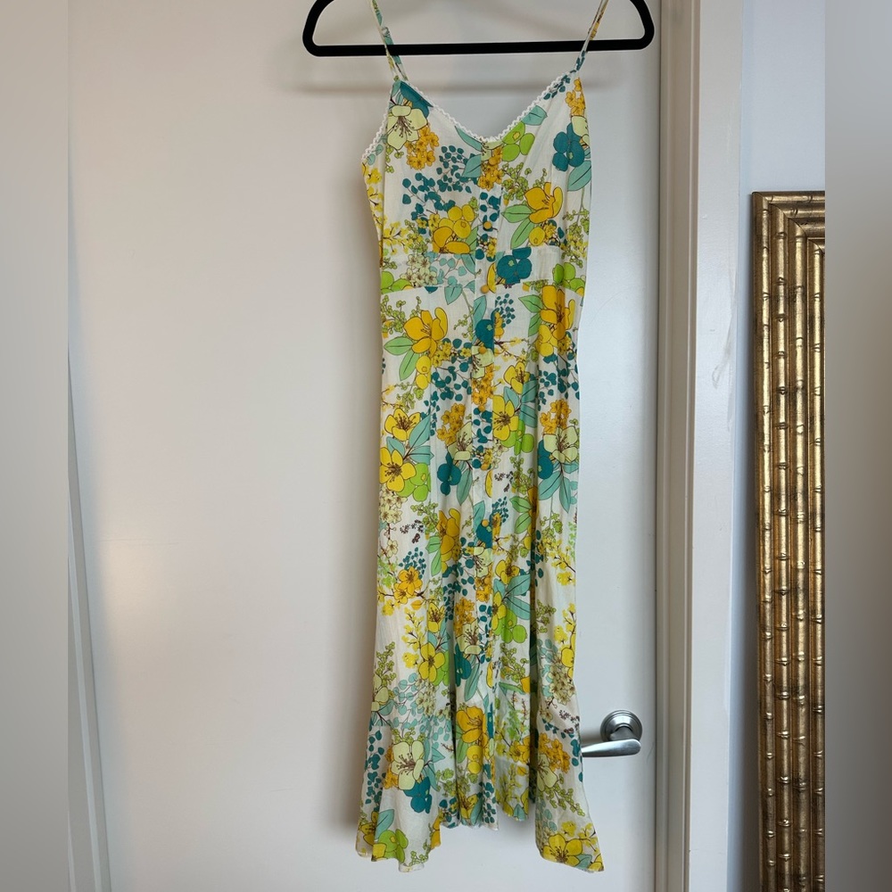 White midi / maxi dress with yellow green and blue florals. Never worn